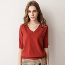 Primavera Verano mujeres suéteres y suéteres sólido cuello pico de manga corta suéter de cachemira tejido delgado Casual Tops Jumper mujer A835