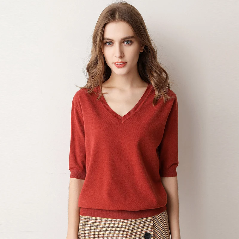 Najtaniej Wiosna lato kobiety swetry i pulowery solidna dekolt z krótkim rękawem dzianiny kaszmirowy sweter cienkie Casual topy Jumper kobieta A835