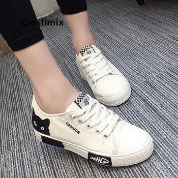 

Cresfimix vrouwen canvas schoenen women fashion white canvas flat platform shoes lady cute shoes cool black cat shoes a3411