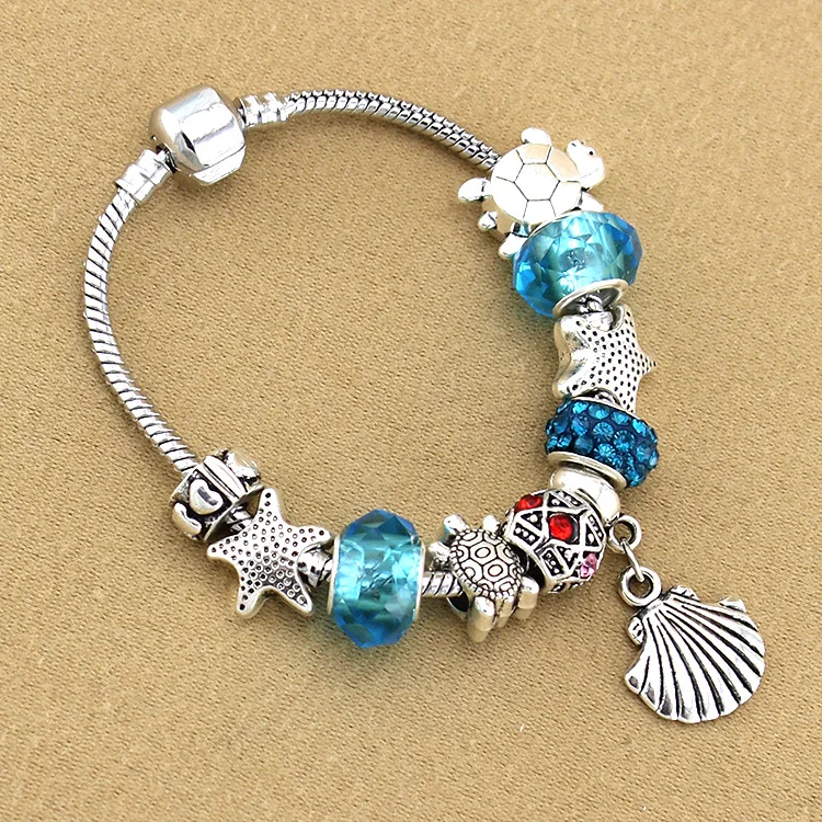 

Blue Glass Bead Sea Wind Shell Charm Bracelet Retro Snake Bone Chain Female Pan Bracelet Handmade DIY Girls Gift Jewelry
