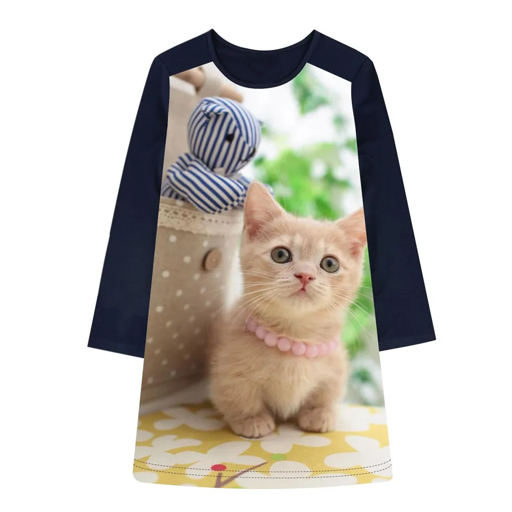 Long Sleeve Girls Dress cat Pattern Costumes Kids Clothes nice Fashion Baby Princess Children Clothing Vestidos | Детская одежда и