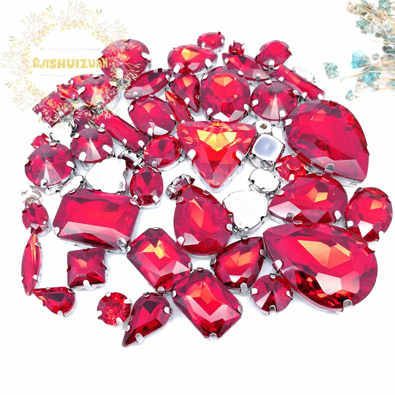 

58pcs 10shapes 25sizes Mix Red shape and sizes Glass Crystal rhinestones silvery bottom DIY Clothing accessories