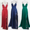 Sexy Deep V Neck Backless Maxi Dress 2 High Splits Dress Red Satin Floor Length Open Back Night Club Party Dress ► Photo 3/6