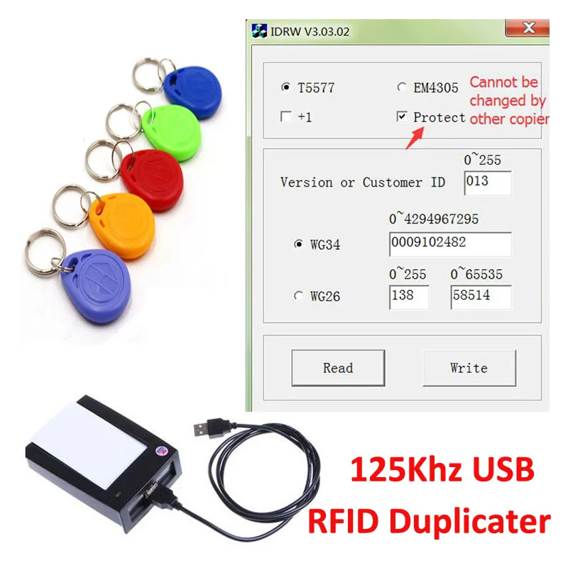 125 кГц USB RFID Дубликатор Cloner копировальный считыватель писатель+ программное обеспечение+ 5 шт. EM4305 T5577 записываемые Жетоны брелок для контроля доступа