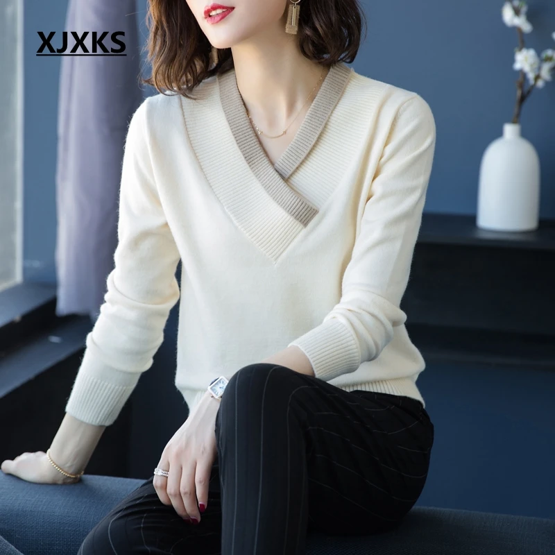 XJXKS, шерстяные свитера, высокое качество, женский джемпер, женский свитер, осенняя и зимняя одежда, Женский пуловер, Befree, Однотонный свитер - Цвет: Бежевый