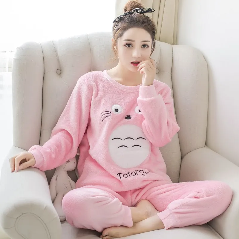 Женский фланелевый пижамный комплект из полиэстера, длинные брюки, Женский пижамный комплект из двух предметов с милым принтом кота, домашняя одежда, пижамный комплект - Цвет: longmaorong pink