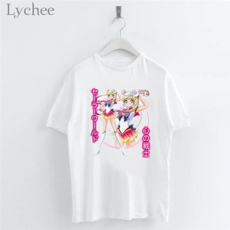 

Lychee Japanese Anime Sailor Moon Print Cartoon Women T-Shirt Casual O-Neck Short Sleeve White T Shirt Tee Top Female