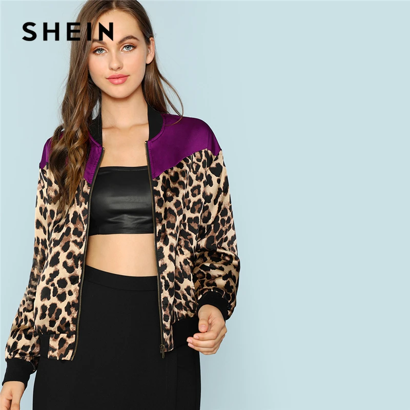 Goedkoop SHEIN Multicolor Highstreet Office Lady Contrast Yoke Zip Up Leopard Stand Kraag Jas 2018 Nieuwe Herfst Vrouwen Elegante Bovenkleding