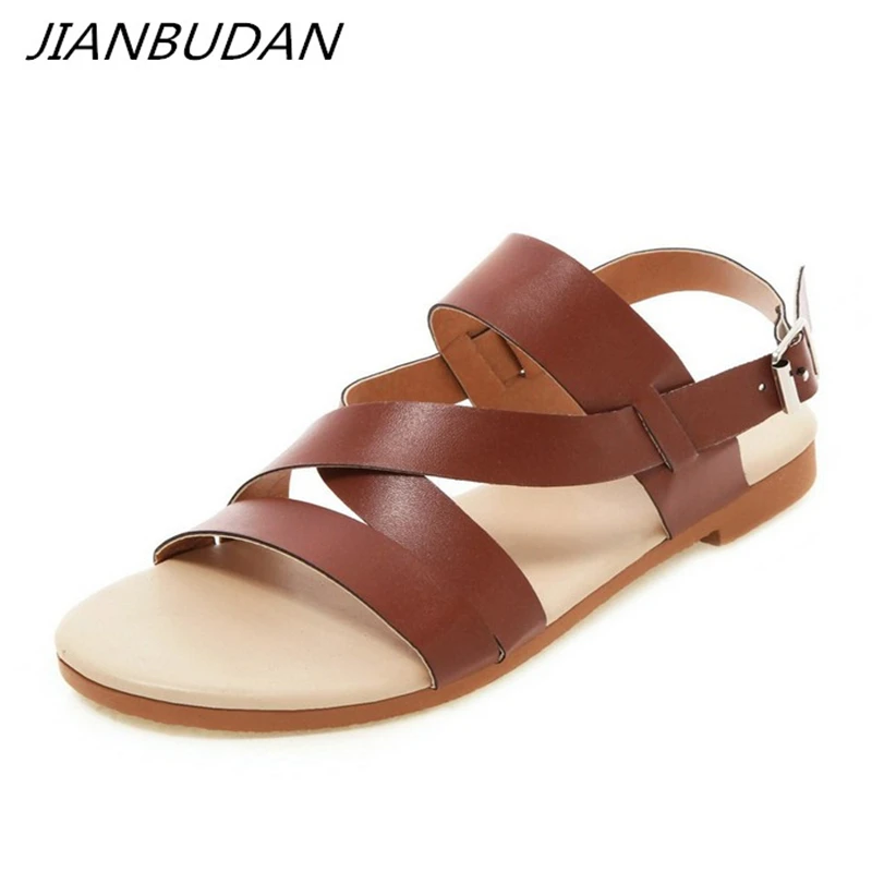 

JIANBUDAN / Flat fashion women's sandals Ankle buckle Retro Rome sandals Pu leather Open Toe Non-slip beach shoes Size 34-46