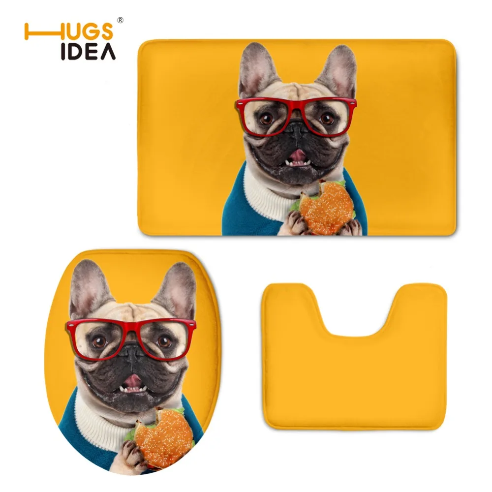 

HUGSIDEA Thick Comfort Print Bulldog Winter Toilet Seat Cover Three-piece Set Adult Toilet Seat Cover Suit Washable WC Pad Mat