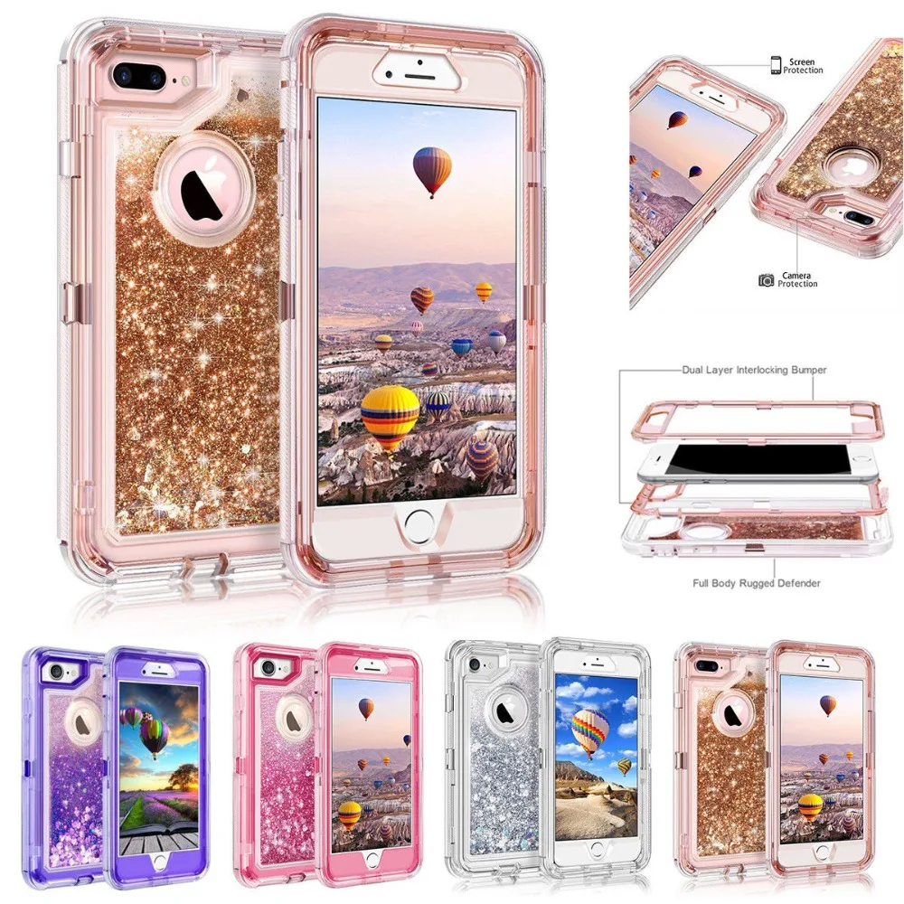 

For IPhone 8 Plus XR XS Max 7 plus 6s plus Glitter Liquid Defender Clear Bling Quicksand Anti-knock Bumper phone Case