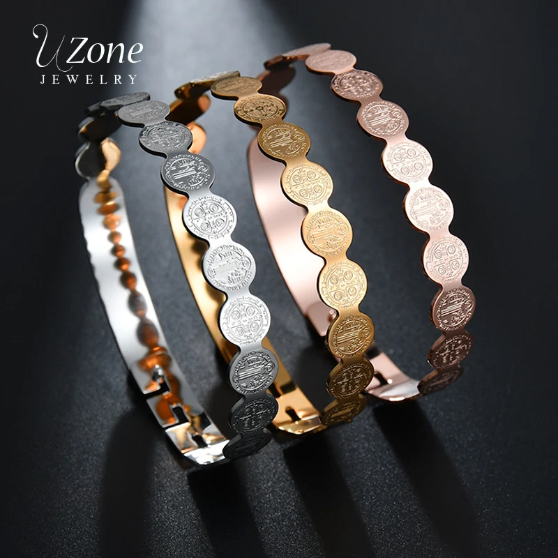 

UZone 3 Color Silver Gold Rose Gold Charm Bangle Circle Jesus Cross Stainless Steel Bangle&Bracelet For Women vrouwen armband