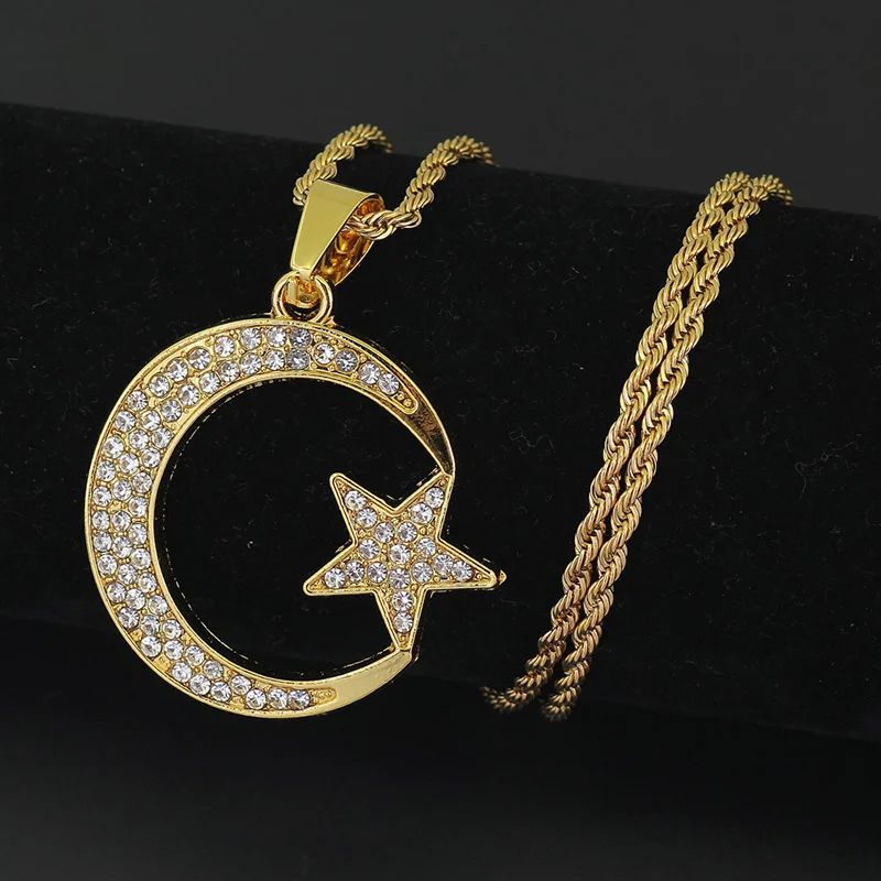 

Fashion Crescent Moon Star Pendant Necklace Unisex Gold Cubic Zinc Alloy CZ Islam Jewelry Women Gift Drop Shipping