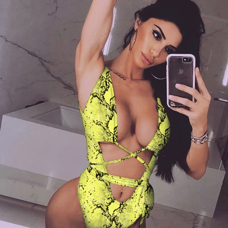 Green snake Lipswag женский полый Цельный купальник бикини Женский Змеиный леопардовый купальник с принтом Монокини завязки купальный костюм - Цвет: Green snake
