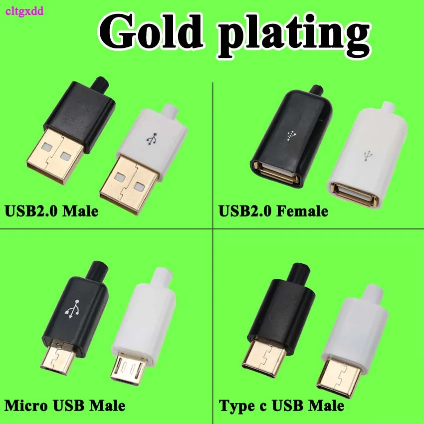 Cltgxdd DIY USB 2,0 Micro type c Мужской Разъем позолоченный гнездовой разъем 4 Pin 5Pin тип A компоненты белый черный