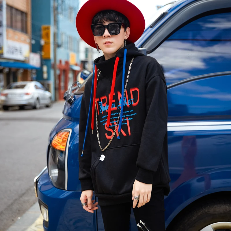 

Men Autumn Winter Thick Fleece Hooded Sweatshirt Male Streetwear Hip Hop Fashion Letter Printed Color Rope Pullovers Hoodie