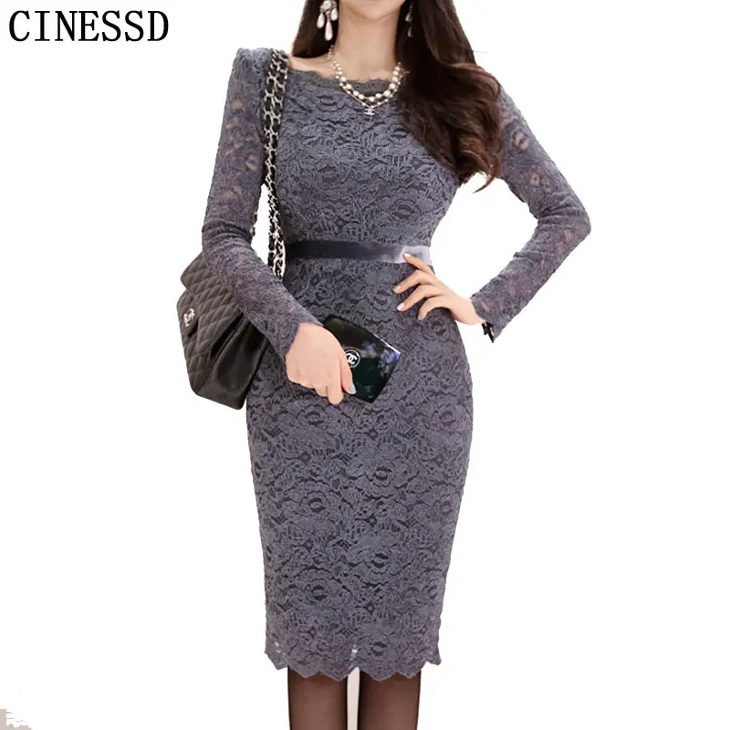

CINESSD Sexy Lace Bag Hip Dress 2019 Women Spring temperament Solid O-neck Long Maxi knee-length Work Party Dresses Vestidos