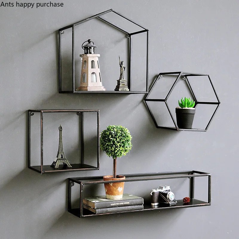 

Iron Art Wall Set Wall Hanging Antique Style Polygon Rack Living Room Shop Creative Lattice Wall Decoration Display Stand