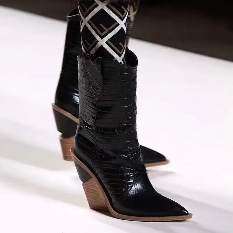 

US4-11 Womens Pointed Toe Crocodile Pattern wedge Chunky High Heel Ankle Boots Western Chelsea Shoes Pull On 6Colors Bling A887