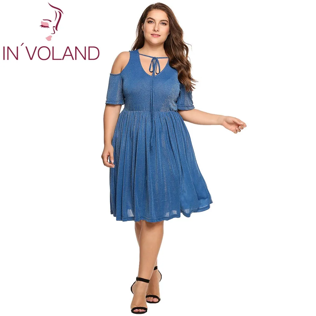 

IN'VOLAND Women Lace-up Dress Plus Size Summer Sexy V-Neck Cold Shoulder Casual Shimmer Pleated Feminino Party Dresses Full Size