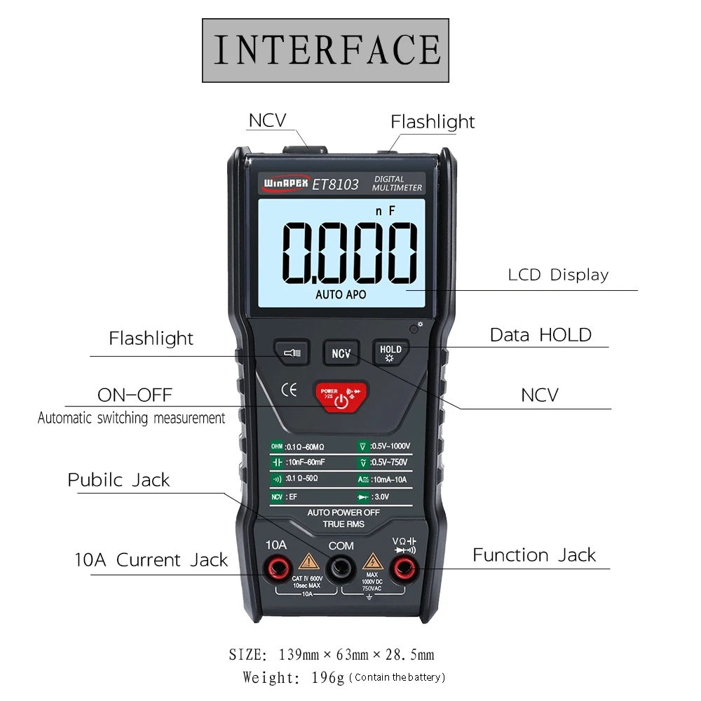 FUNN-Winapex Et8103 цифровой мультиметр тестер 3 5/6 мини мультиметр Ac Dc 6000 True Rms цифровой вольтметр 1000 в 10 А Карманный Mul
