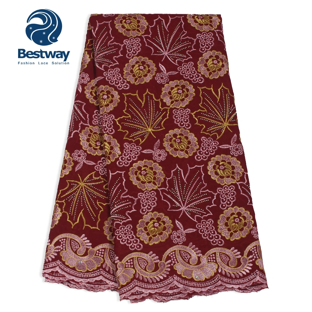 Bestway Африканский вышивка швейцарская вуаль в швейцарской винно-Красной кружевной листья из ткани кружевная ткань из стразов для женского платья мат