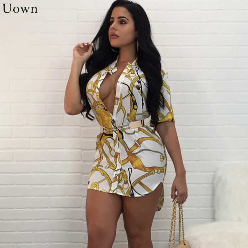 

2017 Fashion Gold Chain Print Blouses for Women Short Sleeve Turn-Down Collar Button up Long Shirt Sexy Casual Ladies Tops