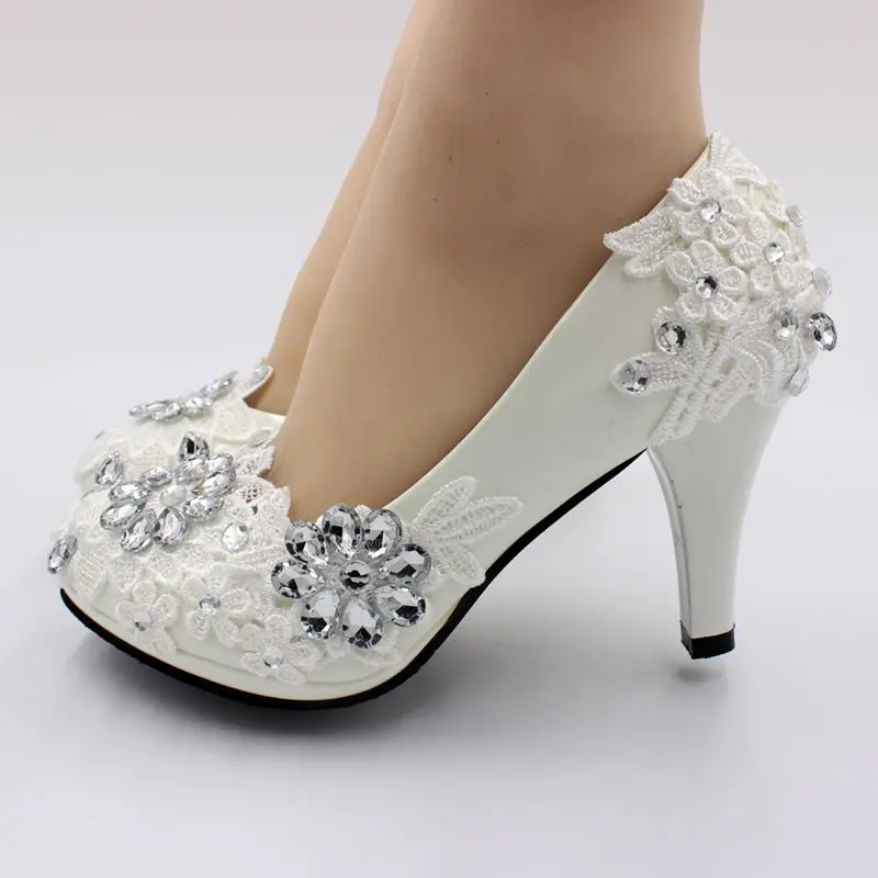 8CM high heels shoes woman white lace crystal silver rhinestones ...