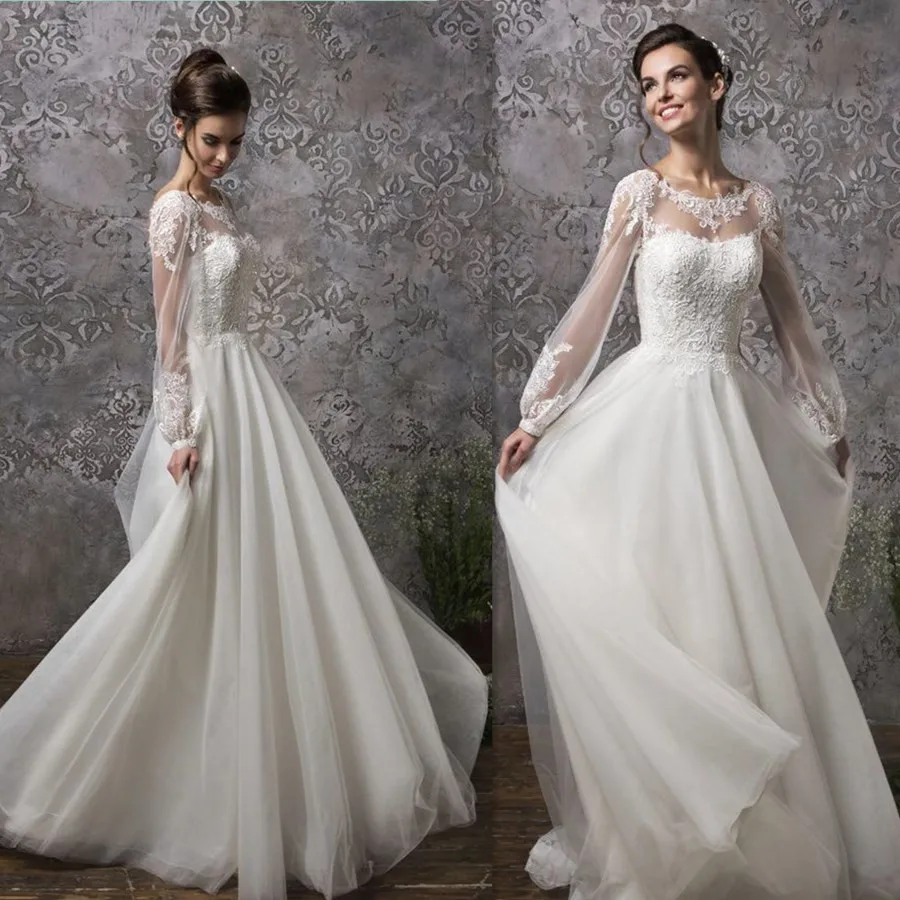 

Soft Tulle Lace Applique Illusion Long Sleeves Scoop Neckline A-line Wedding Dress with Button Backless vestido de noche