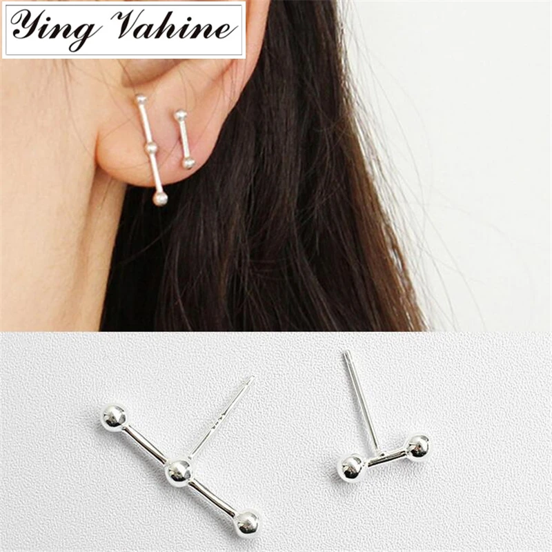 

925 Sterling Silver Jewelry Asymmetric Round Beads Stud Earrings for Women