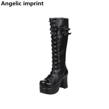 

Angelic imprint new mori girl Women motorcycle boots lady high heels lolita shoes woman princess dress pumps bowtie 9.5cm 33-47