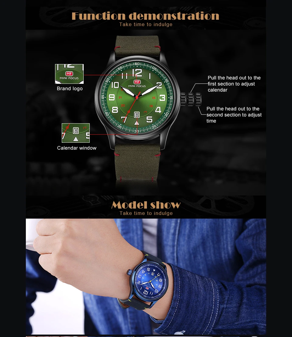 MINI FOCUS Military Mens Watches Marine Quartz Watch Ocean Blue Nylon Strap 3D Index Design Auto Da