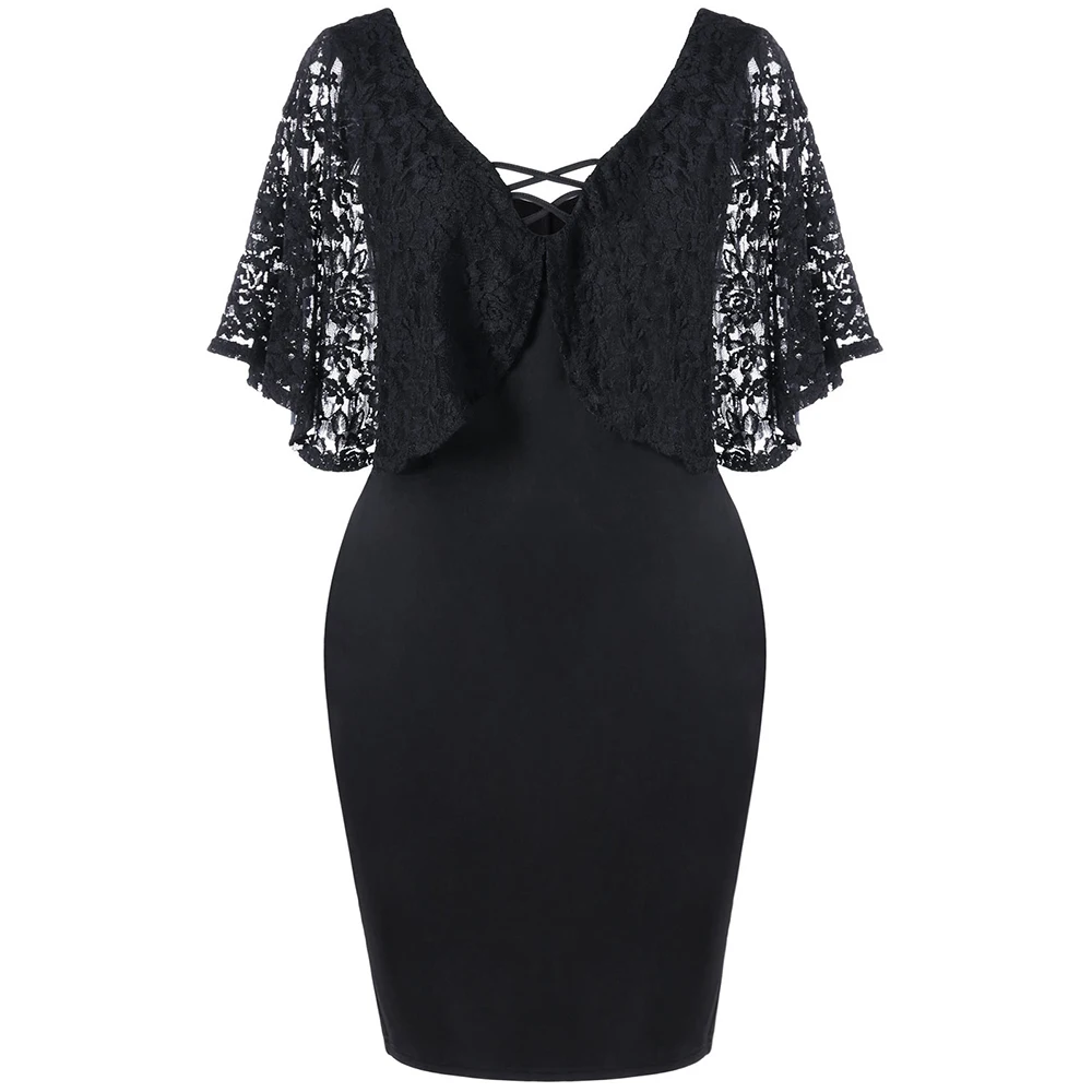 CharMma Plus Size 2017 Women Lace Sleeve Knee Length Bodycon Slim Summer Dress Clothing Batwing Sleeve