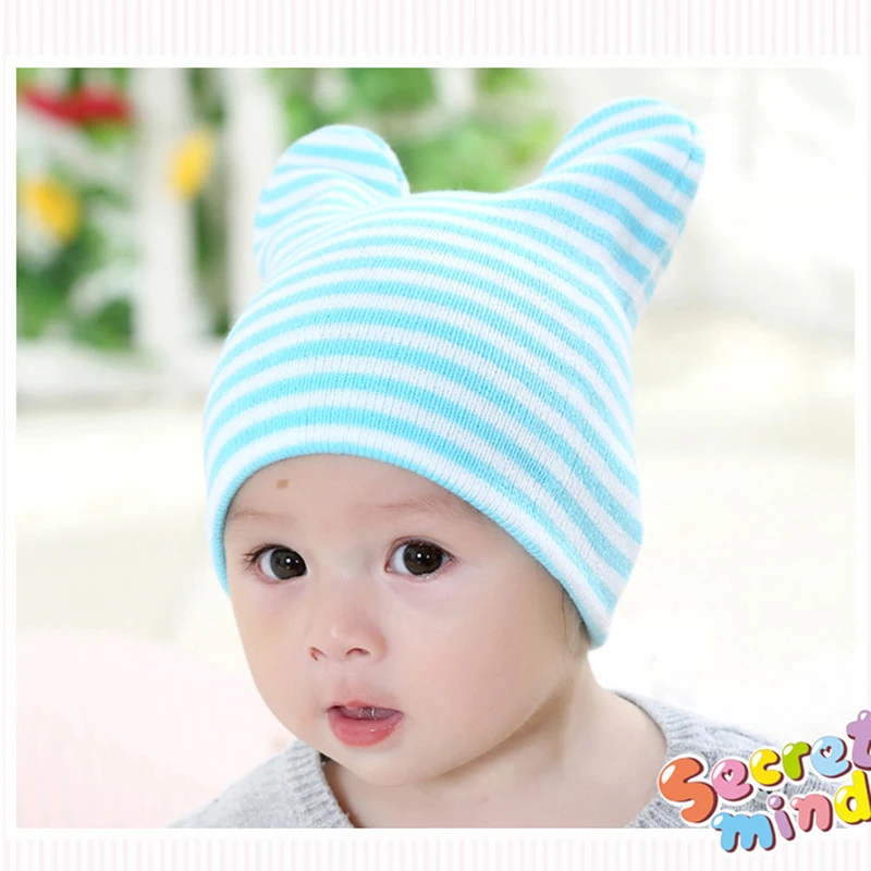 Striped Baby Hats With Ears Cotton Boys Girls Tire Caps Soft Hats For