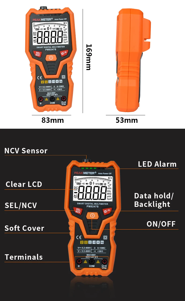 PEAKMETER PM8247S Smart AutoRange Профессиональный цифровой мультиметр Вольтметр с NCV частотной подсветкой