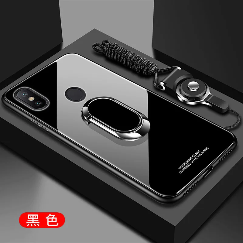 Для Xiaomi Redmi Note 7, 6, 5 Pro, чехол из твердого закаленного стекла с кольцом-подставкой, Магнитный защитный чехол на заднюю панель для xiaomi redmi note 7 - Цвет: black