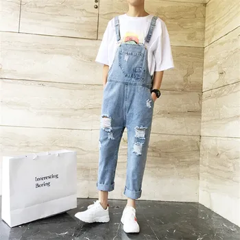 

New Fashion Street Style Brokean Hole Jeans Handsome Boy Ankle Length Denim Overalls Casual Wild Students Jumpsuits