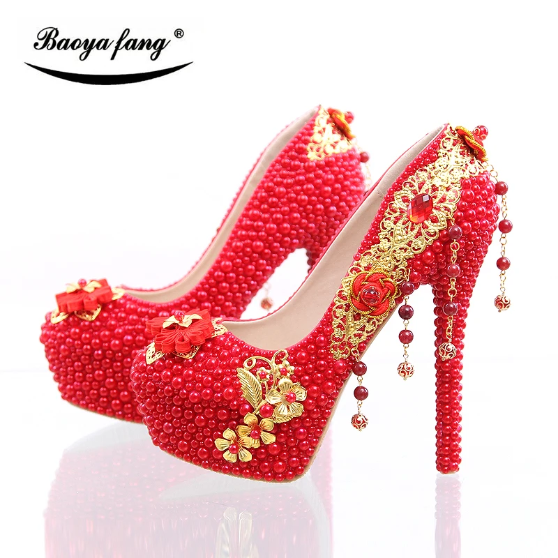 BaoYaFang New arrival Luxury red pearl beads heel shoes womens wedding shoes Bride high heels