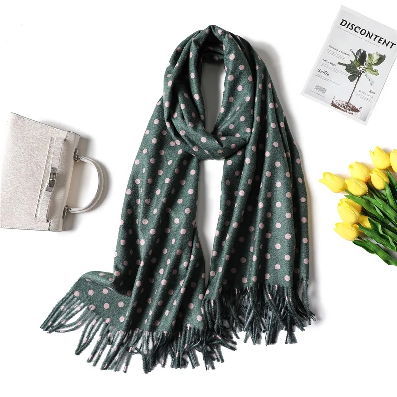 Dot Print Cashmere Scarf Women Thick Warm Shawls and Wraps Winter Scarves Long Pashmina Fashion Tassels Neck Scarfs Hijab Femme - Цвет: xiaobo 1green