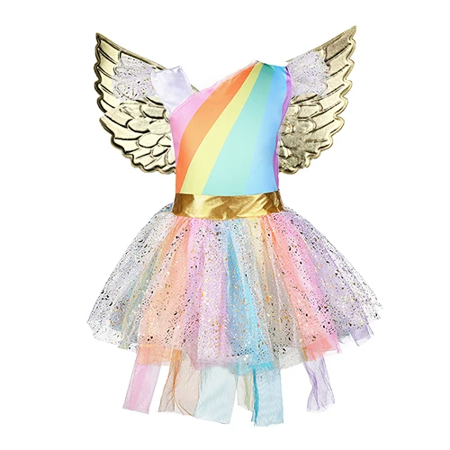 Halloween Girls Unicorn Costume Rainbow Pony Birthday Tutu Outfits Sparkle Tulle Fancy Dress Up Party Dress With Headband Wings - Цвет: with wings