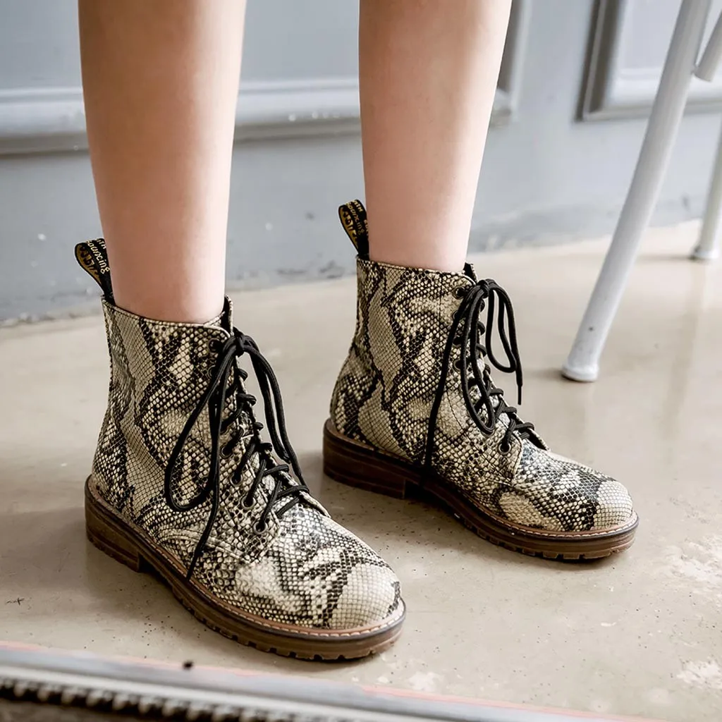 

Snake Print Western Cowgirl Boots Women Single Boots Snake Print Flat With Round Head Lace Large Size Ankle Boots 30