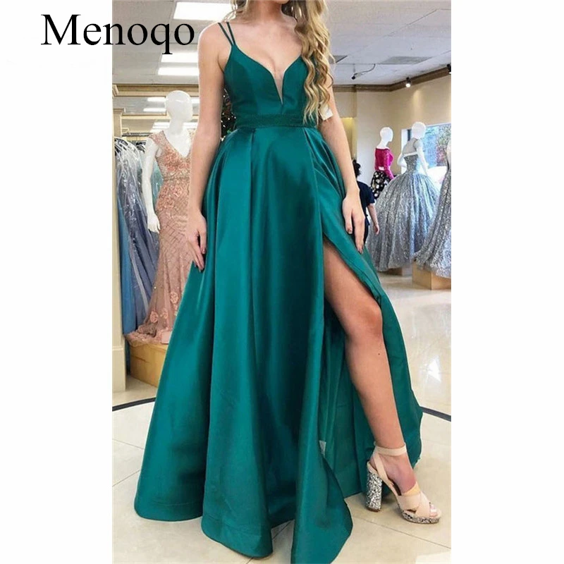 2019 In Stock Ready Evening Dress for Teens Double Straps Pockets Vestidos de fiesta Satin Front Slit Evening Prom Party Dress_副本