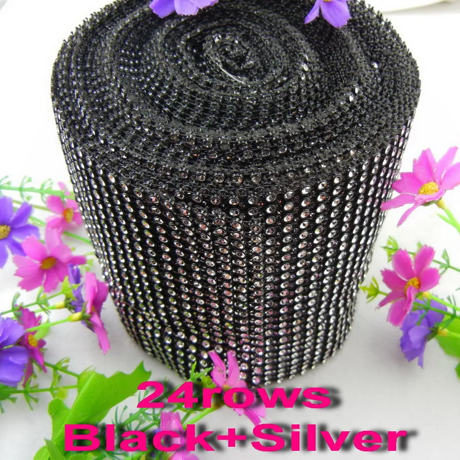 

24 Rows 2yards per roll Sew On 4mm silver rhinestone Black Plastic base Mesh Trim for Garments wedding decoration