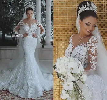 

New Luxury Long Sleeves Mermaid Wedding Dresses 2019 Illusion Scoop Sweep Train Lace Appliques Beaded Modest Bridal Gowns Custom