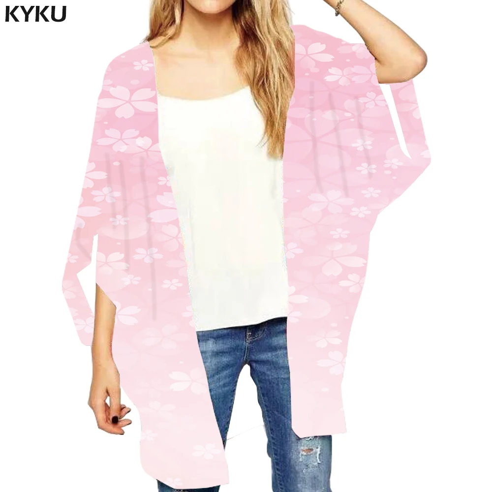 

KYKU Flower Loose Kimono Women Pink 3d Blouse Fantasy Ladies Shawl Harajuku Kimono Cardigan Gothic Shirts Womens Clothing