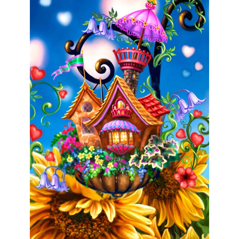

100% Full 5D Diy Daimond Painting "Sunflower House" 3D Diamond Painting Round Rhinestones Diamant Painting Embroidery Cartoon