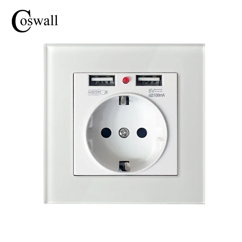 Coswall Brand 16A Korea Standard Wall Power Socket White Crystal Glass