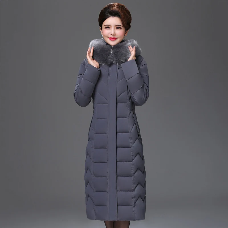 Высокое качество зимняя куртка женская теплая плотная X-long тонкая женская парка зимняя одежда с капюшоном из искусственного меха Женское пальто - Цвет: Серый