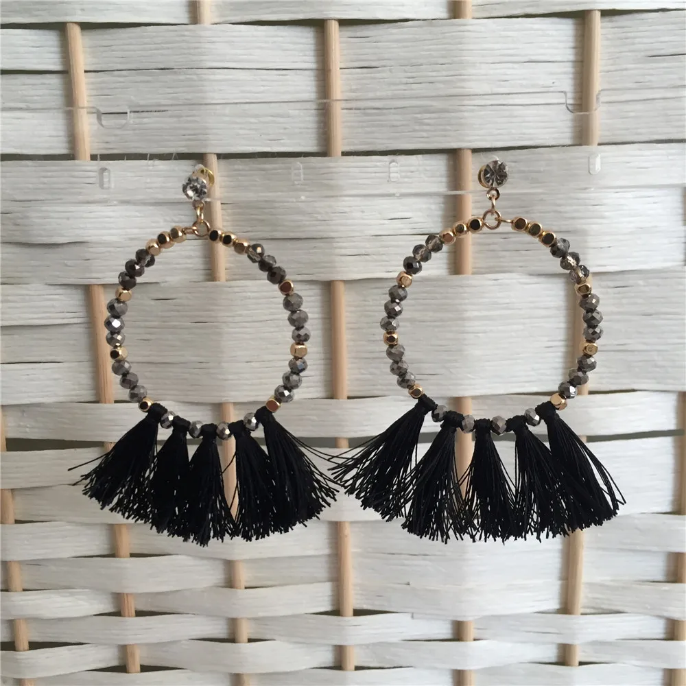 Black and grey bead and thread tassel hoop earring in Hoop Earrings from Jewelry & Accessories