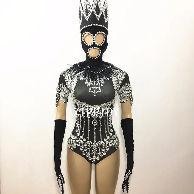 Black Shining Crystals Sexy Bodysuit Sparkly Diamonds Headpiece Outfit